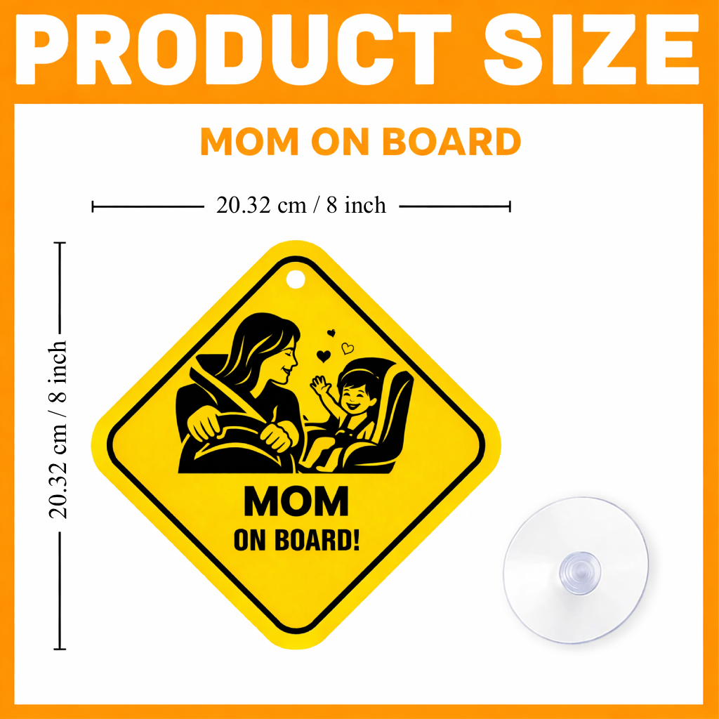 Smeeps Mom On Board Hanging Sign – 20.32 × 20.32 cm (8 × 8 Inch) Mom Driving with Baby Waterproof Car Hanging Board with Suction Cup | Cute Family Safety Vehicle Sign Pack of 1