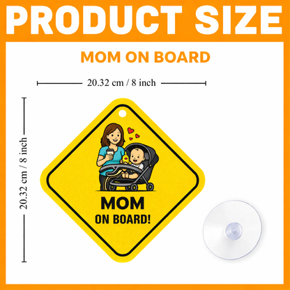 Smeeps Mom On Board Hanging Sign – 20.32 × 20.32 cm (8 × 8 Inch) Mom with Baby Stroller Waterproof Car Hanging Board with Suction Cup | Cute Family Safety Vehicle Sign Pack of 1