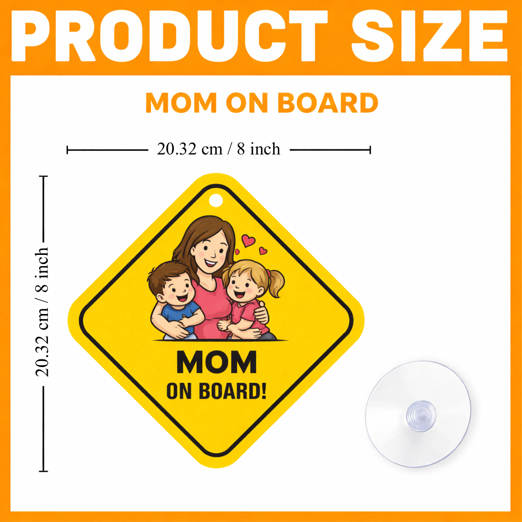 Smeeps Mom On Board Hanging Sign – 20.32 × 20.32 cm (8 × 8 Inch) Cute Mom with Kids Waterproof Car Hanging Board with Suction Cup | Family Safety Vehicle Sign Pack of 1