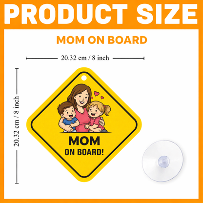 Smeeps Mom On Board Hanging Sign – 20.32 × 20.32 cm (8 × 8 Inch) Cute Mom with Kids Waterproof Car Hanging Board with Suction Cup | Family Safety Vehicle Sign Pack of 1