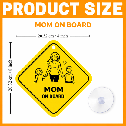 Smeeps Mom On Board Hanging Sign – 20.32 × 20.32 cm (8 × 8 Inch) Waterproof Family Safety Car Hanging Board with Suction Cup | Mom & Kids Design
