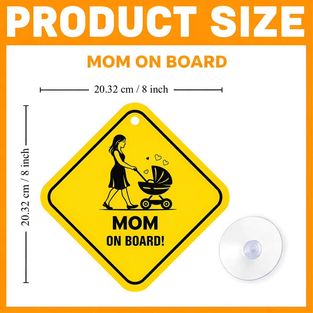 Smeeps Mom On Board Hanging Sign – 20.32 × 20.32 cm (8 × 8 Inch) Mom with Baby Stroller Waterproof Car Hanging Board with Suction Cup | Mother & Baby Safety Vehicle Sign Pack of 1