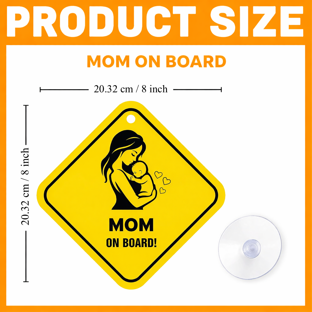 Smeeps Mom On Board Hanging Sign – 20.32 × 20.32 cm (8 × 8 Inch) Mother & Baby Waterproof Car Hanging Board with Suction Cup | Family Safety Vehicle Warning Sign