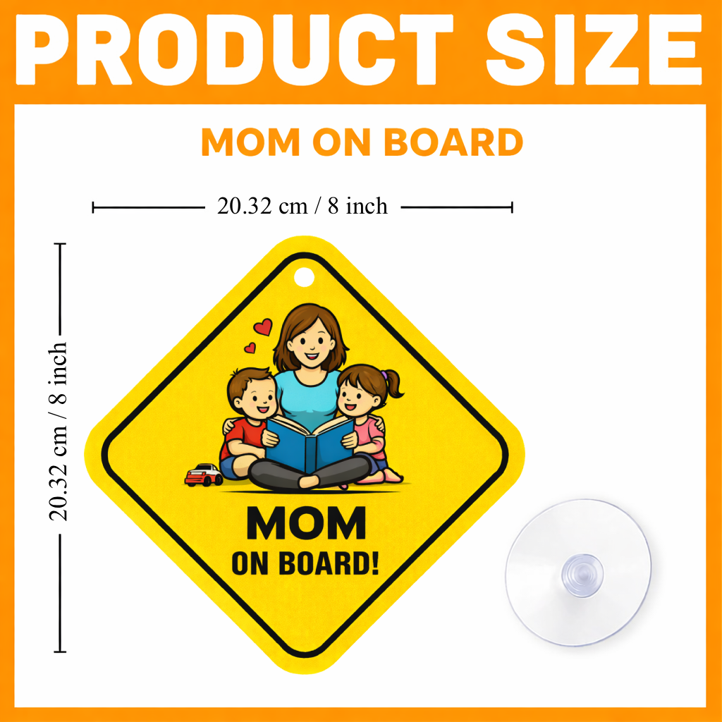 Smeeps Mom On Board Hanging Sign – 20.32 × 20.32 cm (8 × 8 Inch) Mom Reading with Kids Waterproof Car Hanging Board with Suction Cup | Cute Family Safety Vehicle Sign Pack of 1
