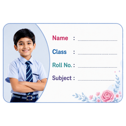 Custom Photo Floral School Name Labels – 7.62 × 5.08 cm (3 × 2 Inch) Personalized Waterproof Kids Notebook Stickers for School Books, Water Bottles & Accessories | Elegant Flower Theme Pack of 36