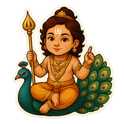 Smeeps Little Murugan on Peacock Sticker – 11.43 x 10.16 cm Car & Bike Vinyl Decal | Cute Lord Muruga Design | Waterproof & UV-Resistant