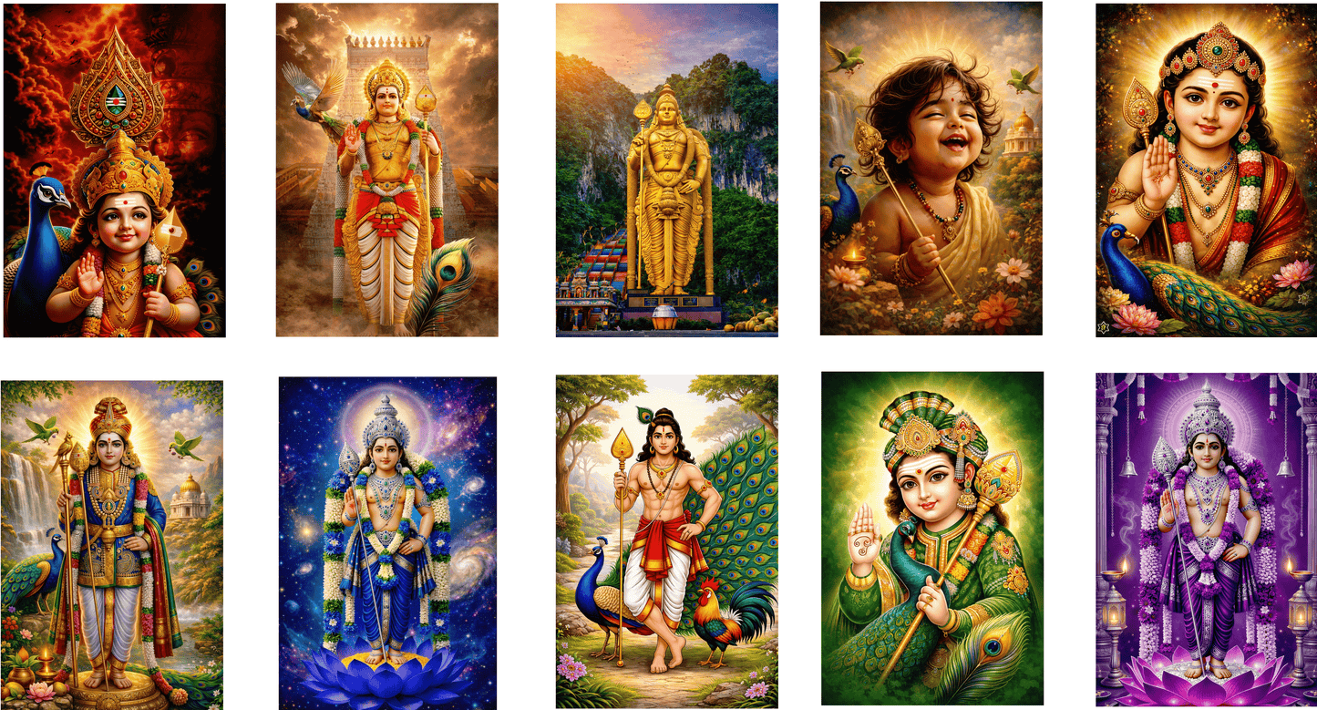 Smeeps Lord Murugan A4 Wall Poster Set – 29.7 × 21 cm (11.69 × 8.27 Inch) Premium Art Print | 300 GSM Thick Paper | NOT GUMMING | Waterproof UV Resistant Wash Proof | Pack of 10