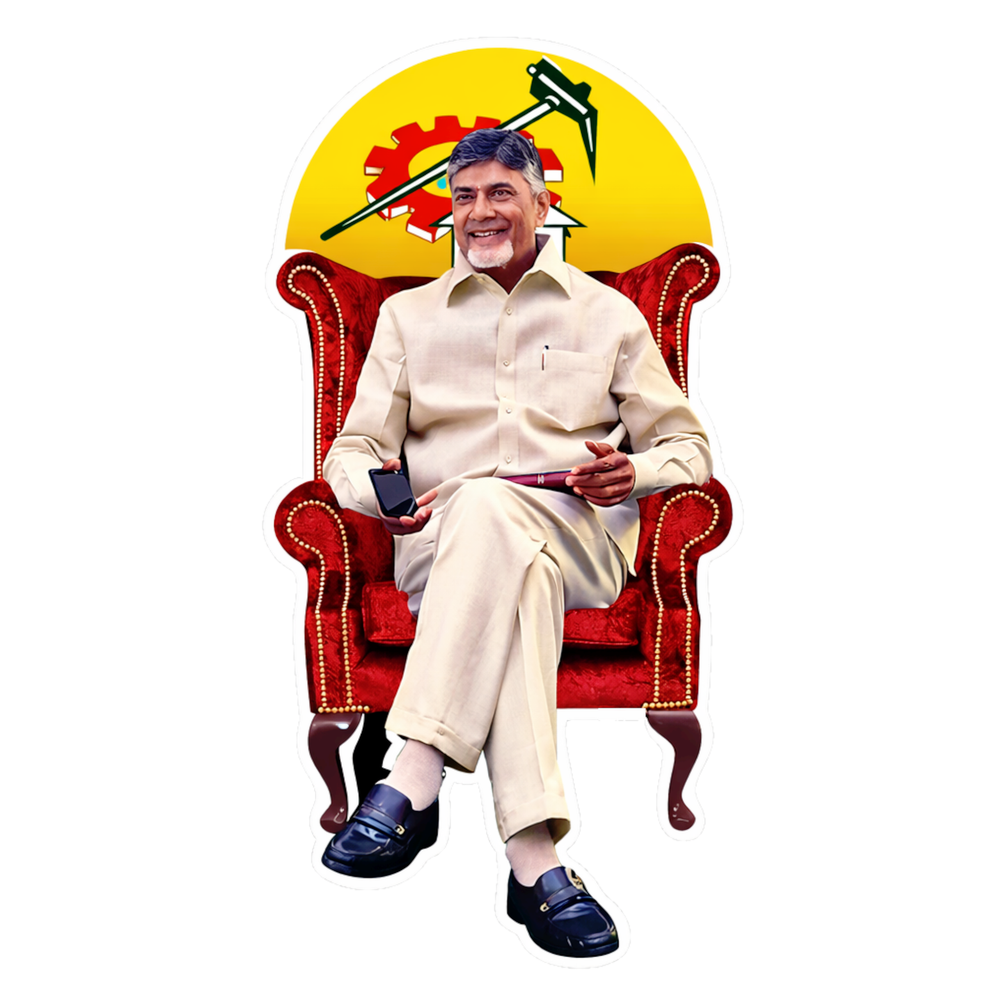Smeeps N. Chandrababu Naidu Chair Pose Vinyl Sticker – 12.2 × 6.35 cm (4.8 × 2.5 Inch) Political Leader Die-Cut Car Sticker | Waterproof UV Resistant Wash Proof | Pack of 1