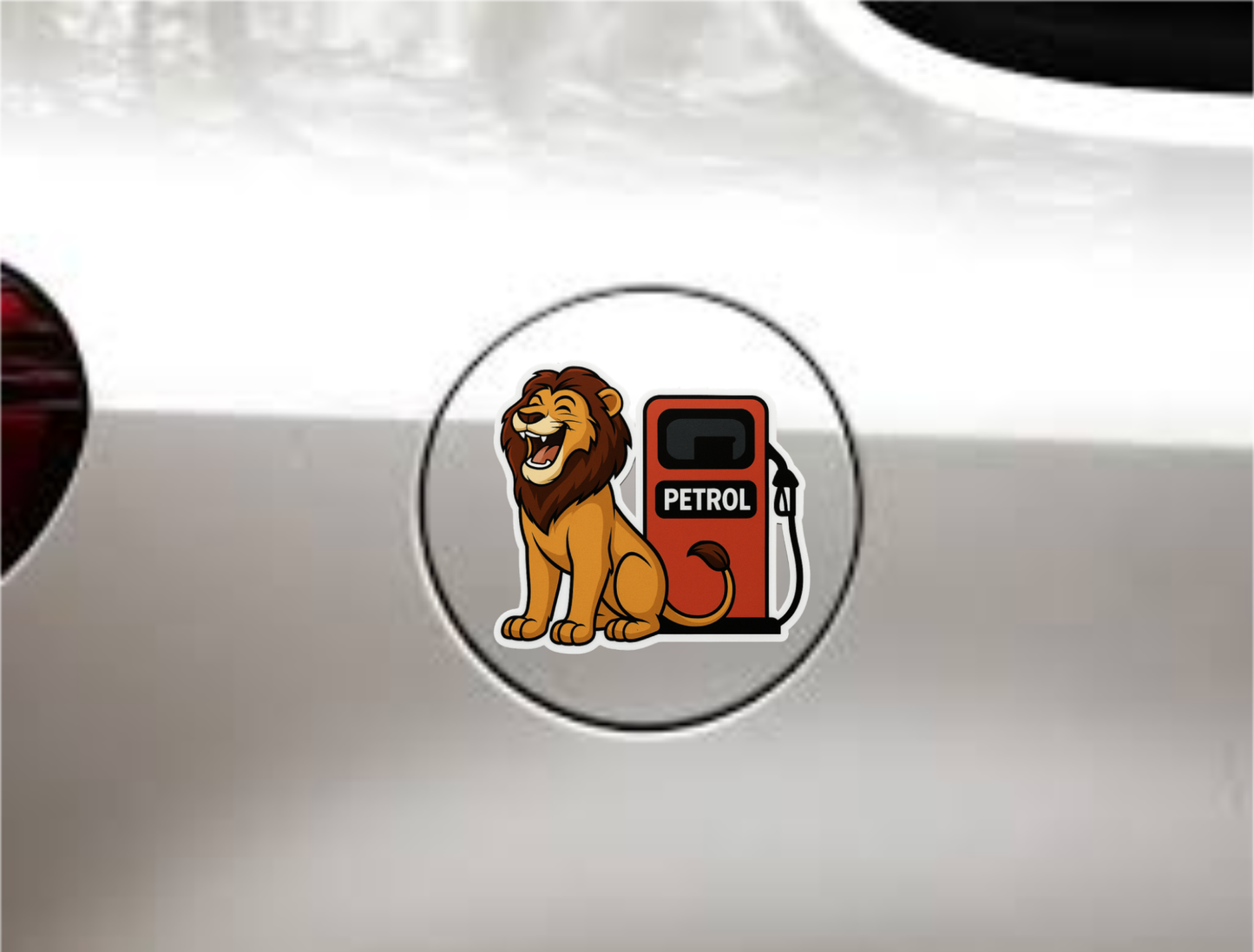 Smeeps Petrol Lion Sticker – 8.5 x 10.16 cm | Cartoon Lion with Fuel Pump Design | Waterproof Vinyl Car Decal | Bold & Fun Auto Decor