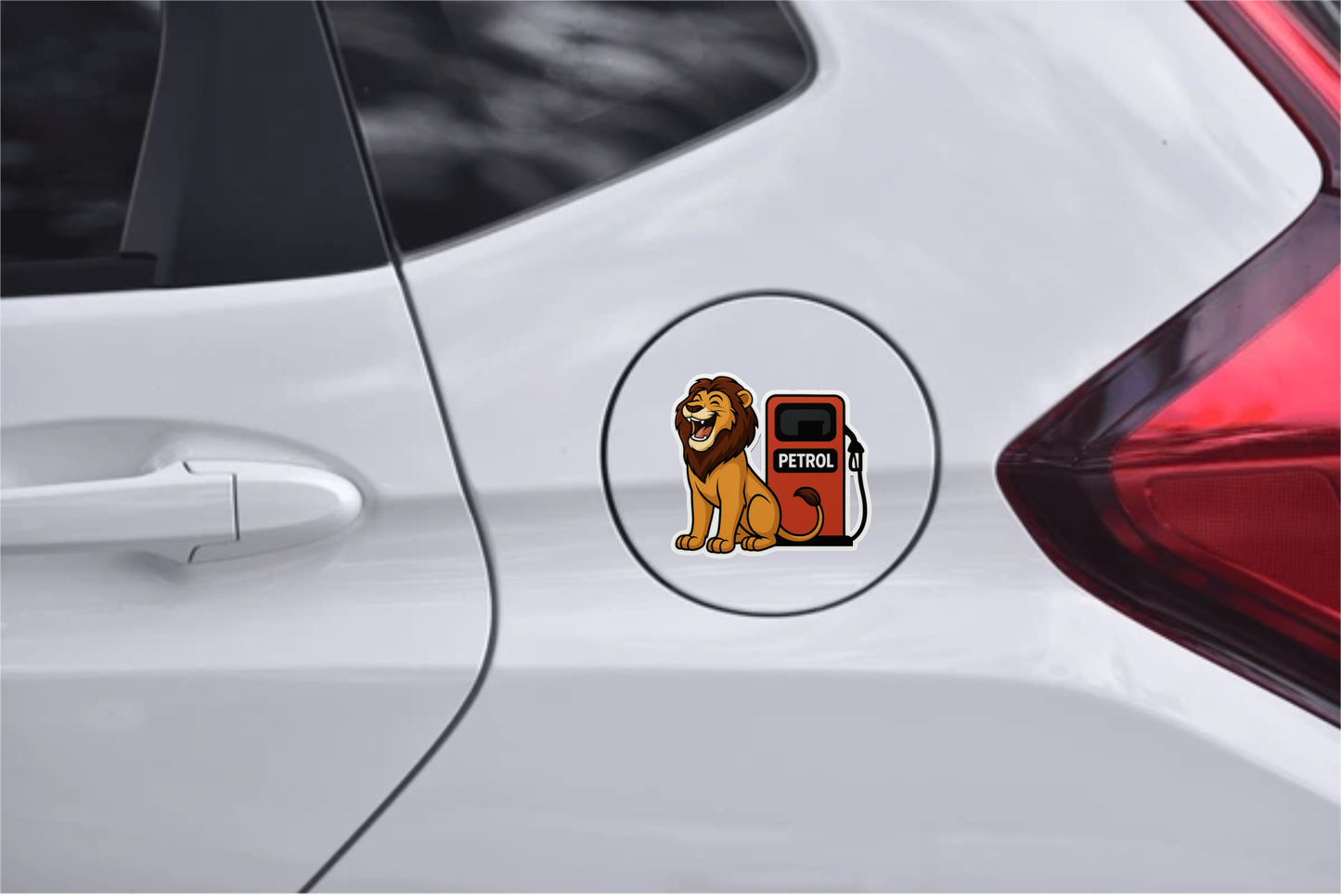 Smeeps Petrol Lion Sticker – 8.5 x 10.16 cm | Cartoon Lion with Fuel Pump Design | Waterproof Vinyl Car Decal | Bold & Fun Auto Decor