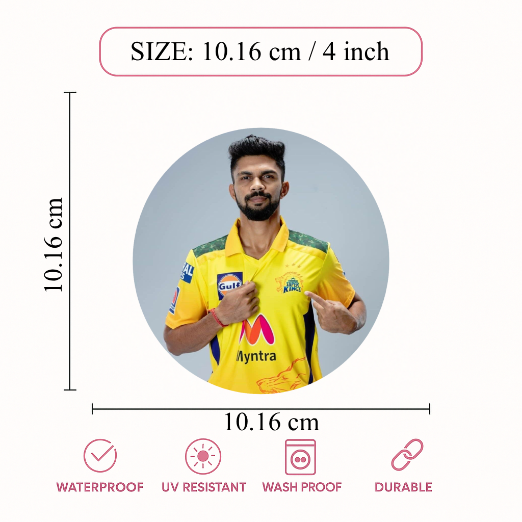 Smeeps Ruturaj Gaikwad CSK Sticker – 10.16 × 10.16 cm Round Car & Bike Vinyl Decal | Chennai Super Kings Jersey Pose Design | Waterproof UV Resistant