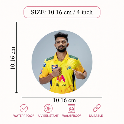 Smeeps Ruturaj Gaikwad CSK Sticker – 10.16 × 10.16 cm Round Car & Bike Vinyl Decal | Chennai Super Kings Jersey Pose Design | Waterproof UV Resistant