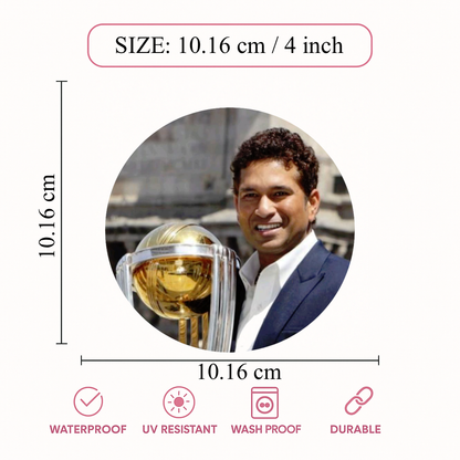 Smeeps Sachin Tendulkar Sticker – 10.16 cm (4 Inch) World Cup Trophy Vinyl Decal | Cricket Legend Fan Round Sticker | Waterproof UV Resistant