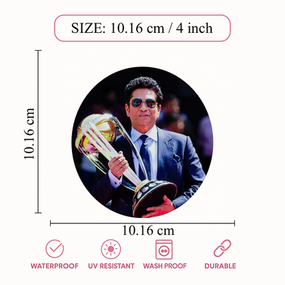 Smeeps Sachin Tendulkar Trophy Sticker – 10.16 cm (4 Inch) Legendary Cricket Vinyl Decal | Waterproof UV Resistant Round Sticker
