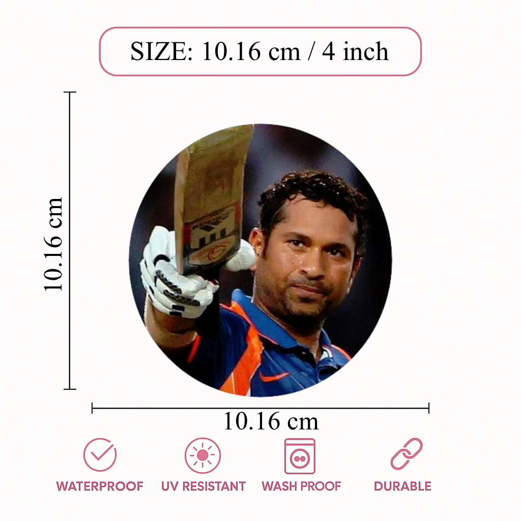 Smeeps Sachin Tendulkar Sticker – 10.16 cm (4 Inch) Cricket Legend Vinyl Decal | India Jersey Iconic Pose | Waterproof UV Resistant Round Sticker
