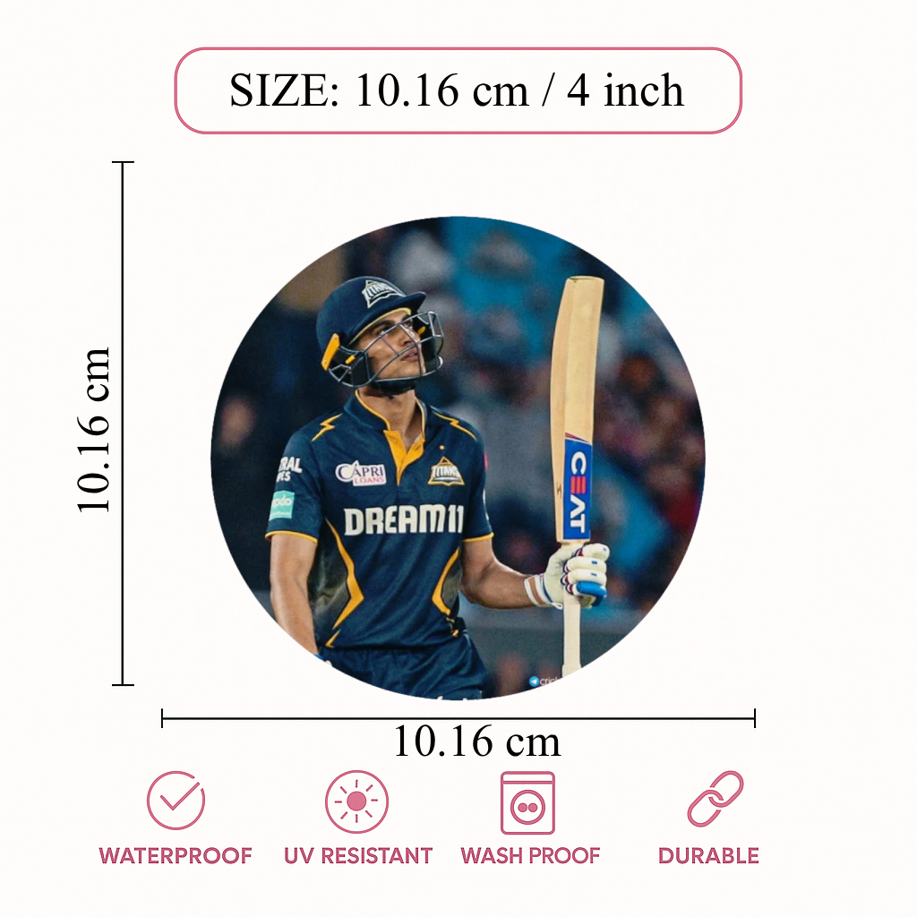 Smeeps Shubman Gill Sticker – 10.16 cm (4 Inch) India Cricket Star Vinyl Decal | Waterproof UV Resistant Round Sticker