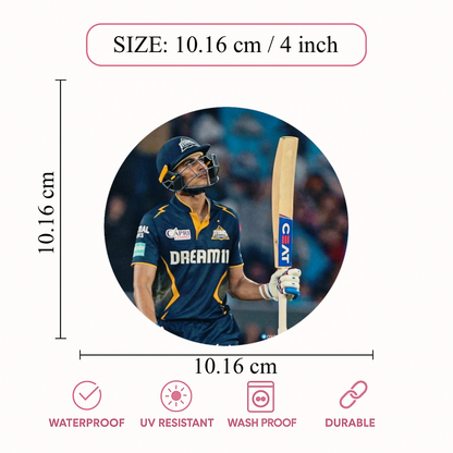 Smeeps Shubman Gill Sticker – 10.16 cm (4 Inch) India Cricket Star Vinyl Decal | Waterproof UV Resistant Round Sticker