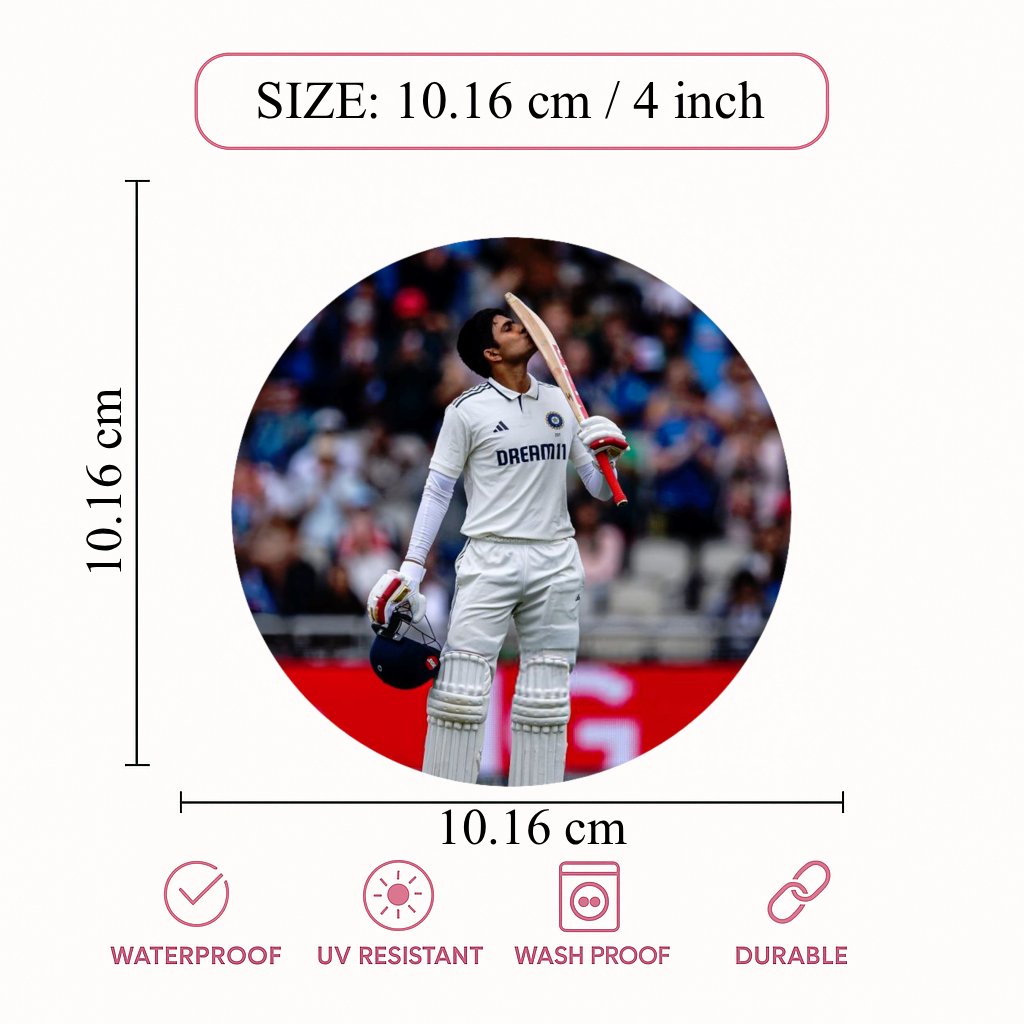 Smeeps Shubman Gill Sticker – 10.16 cm (4 Inch) India Test Jersey Vinyl Decal | Waterproof UV Resistant Round Sticker
