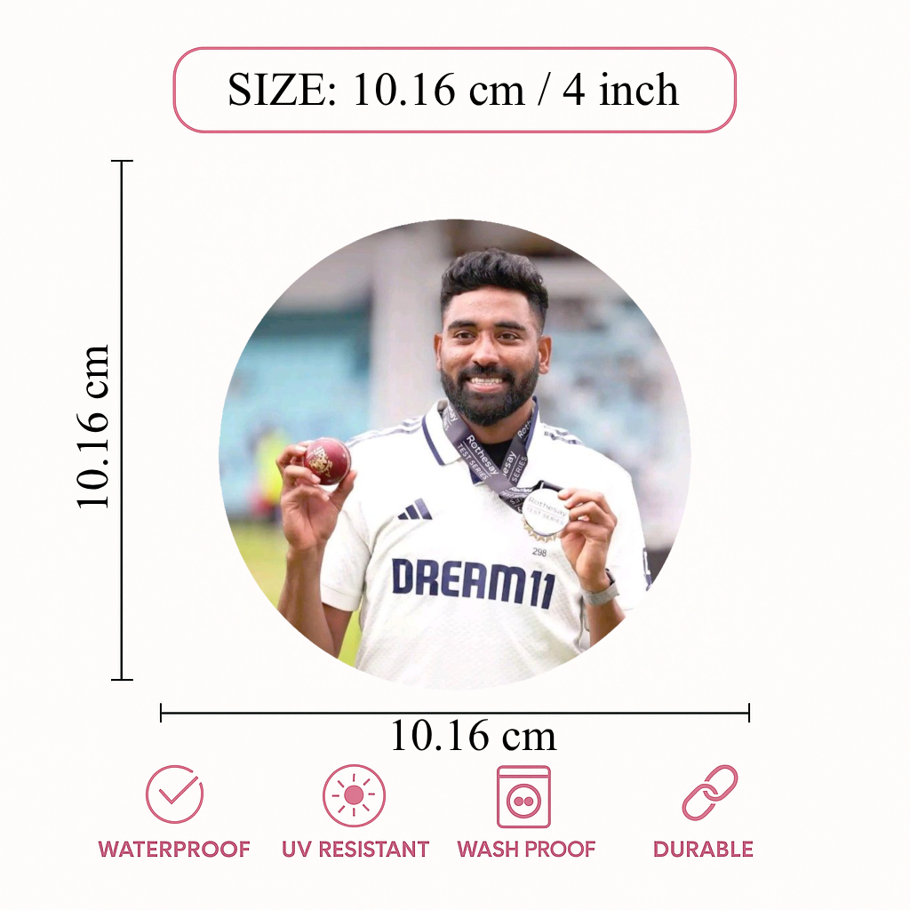 Smeeps Mohammed Siraj Sticker – 10.16 cm (4 Inch) Team India Fast Bowler Vinyl Decal | Waterproof UV Resistant Round Sticker