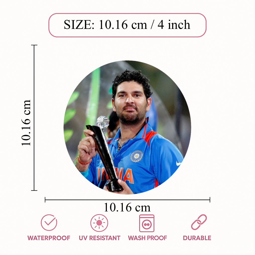 Smeeps Yuvraj Singh Sticker – 10.16 cm (4 Inch) India Cricket Legend Fan Vinyl Decal | Waterproof UV Resistant Round Sticker