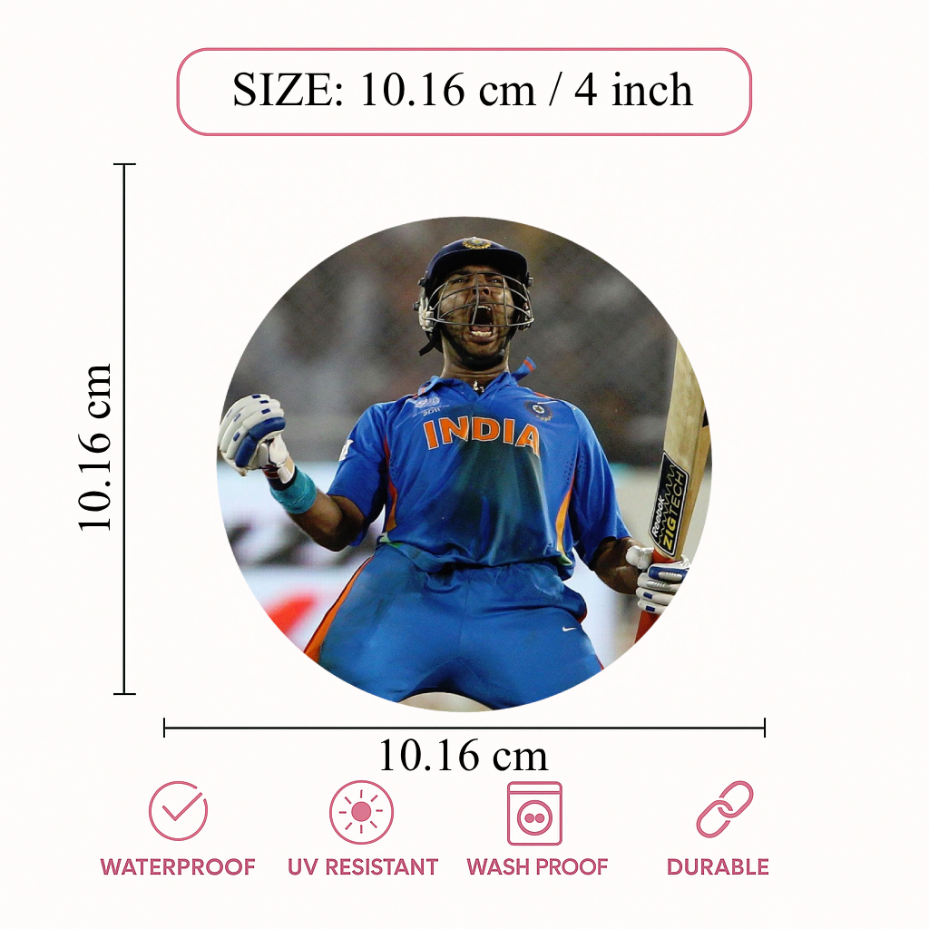 Smeeps Yuvraj Singh Sticker – 10.16 cm (4 Inch) Six Sixes Celebration India Fan Vinyl Decal | Waterproof UV Resistant Round Sticker