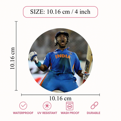 Smeeps Yuvraj Singh Sticker – 10.16 cm (4 Inch) Six Sixes Celebration India Fan Vinyl Decal | Waterproof UV Resistant Round Sticker