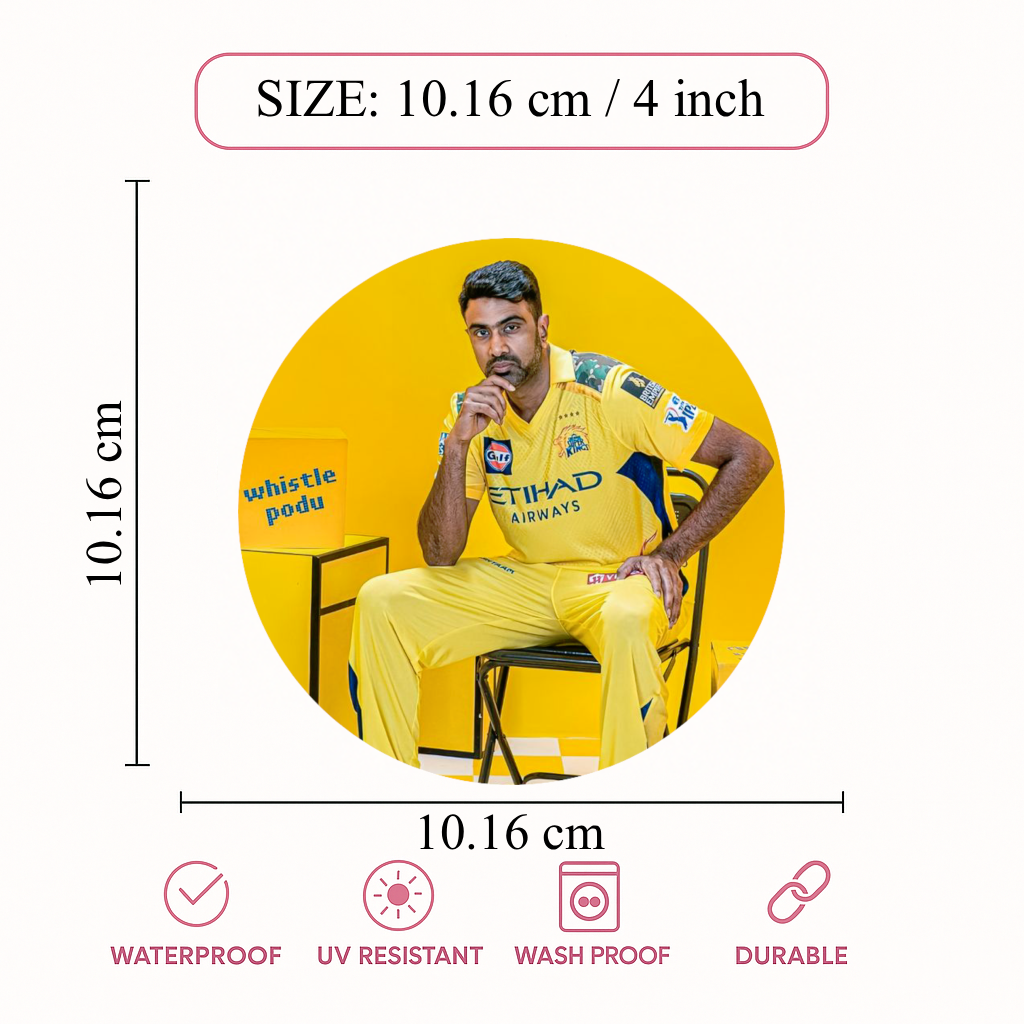 Smeeps Ravichandran Ashwin Sticker – 10.16 cm (4 Inch) CSK Yellow Jersey Fan Vinyl Decal | Waterproof UV Resistant Round Sticker