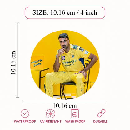 Smeeps Ravichandran Ashwin Sticker – 10.16 cm (4 Inch) CSK Yellow Jersey Fan Vinyl Decal | Waterproof UV Resistant Round Sticker