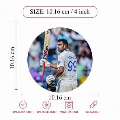 Smeeps R. Ashwin Sticker – 10.16 cm (4 Inch) India Test Cricket Legend Vinyl Decal | Waterproof UV Resistant Round Sticker