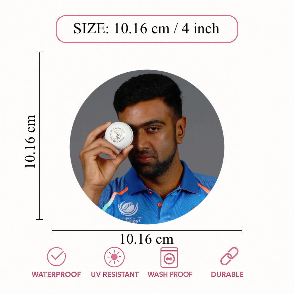 Smeeps Ravichandran Ashwin Sticker – 10.16 cm (4 Inch) India Test Cricket Legend Fan Vinyl Decal | Waterproof UV Resistant Round Sticker