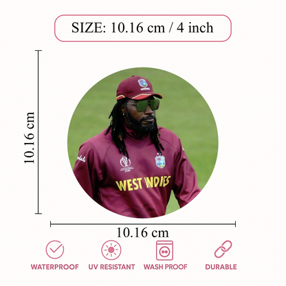 Smeeps Chris Gayle Sticker – 10.16 cm (4 Inch) West Indies Power Hitter Fan Vinyl Decal | Waterproof UV Resistant Round Sticker