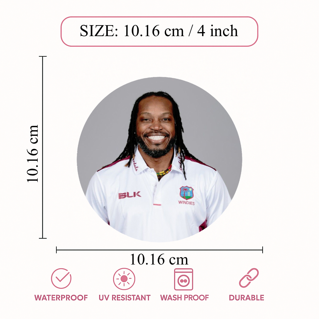 Smeeps Chris Gayle Sticker – 10.16 cm (4 Inch) West Indies Legend Fan Vinyl Decal | Waterproof UV Resistant Round Sticker