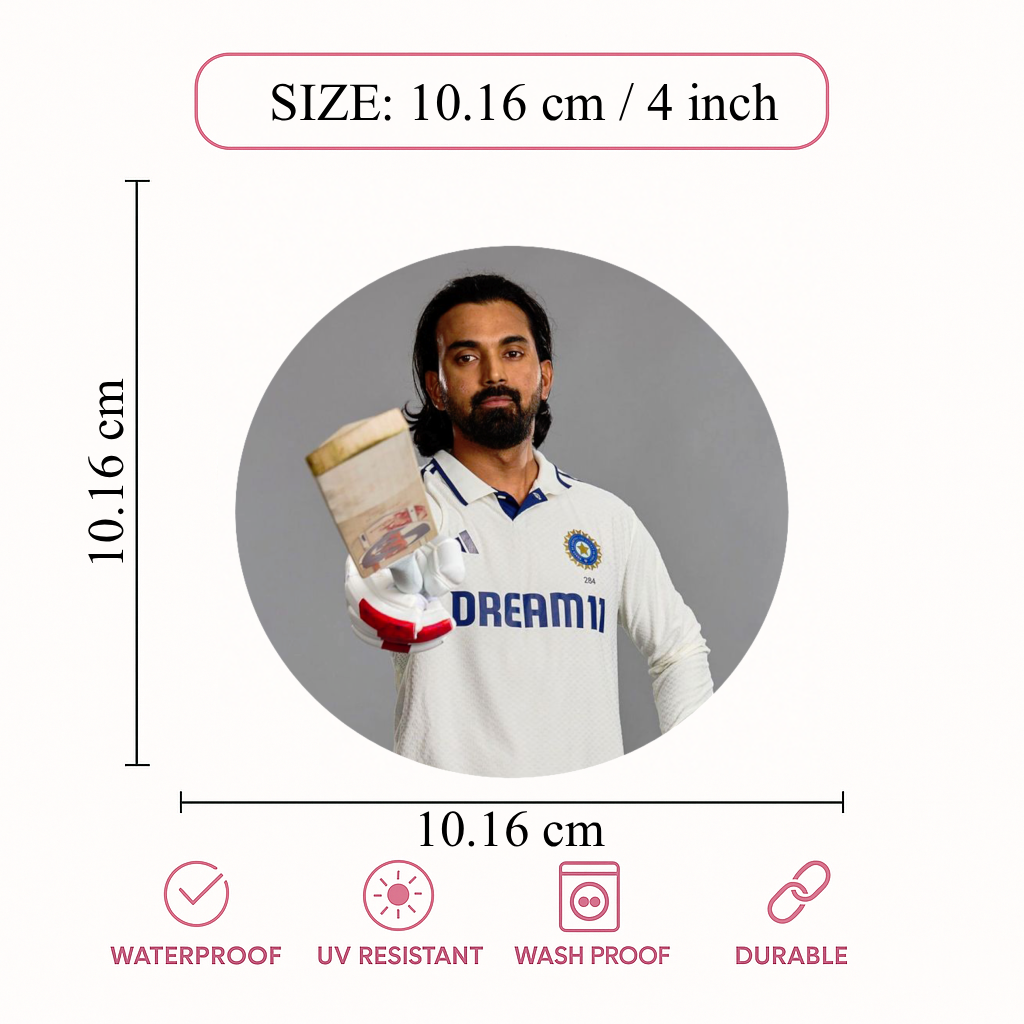 Smeeps KL Rahul Sticker – 10.16 cm (4 Inch) India Test Jersey Fan Vinyl Decal | Waterproof UV Resistant Round Sticker