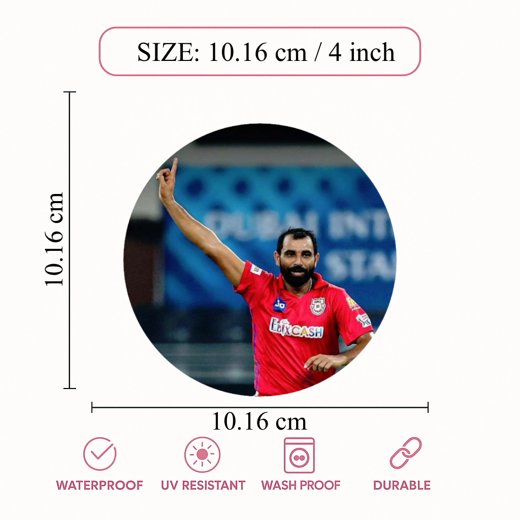 Smeeps Mohammed Shami Sticker – 10.16 cm (4 Inch) Indian Fast Bowler Fan Vinyl Decal | Waterproof UV Resistant Round Car & Bike Sticker