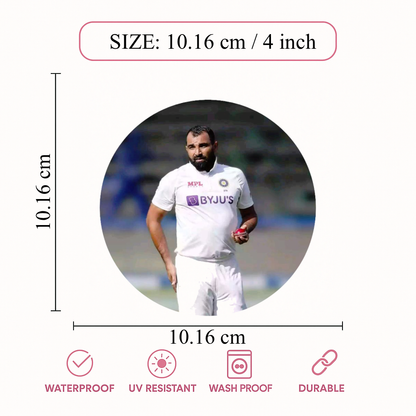 Smeeps Mohammed Shami Sticker – 10.16 cm (4 Inch) Indian Fast Bowler Fan Vinyl Decal | Waterproof UV Resistant Round Car & Bike Sticker