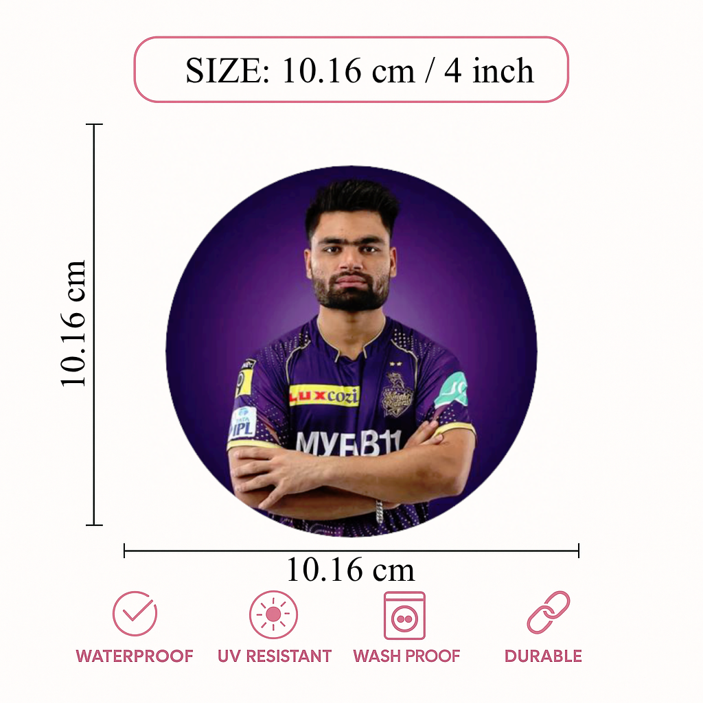 Smeeps Rinku Singh Sticker – 10.16 cm (4 Inch) Indian Cricket Star Fan Vinyl Decal | Waterproof UV Resistant Round Car & Bike Sticker