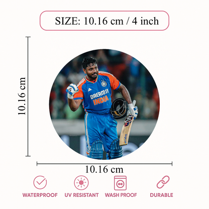 Smeeps Sanju Samson Sticker – 10.16 cm (4 Inch) Indian Cricket Star Fan Vinyl Decal | Waterproof UV Resistant Round Car & Bike Sticker