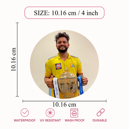 Smeeps Suresh Raina Sticker – 10.16 cm (4 Inch) Indian Cricket Legend Fan Vinyl Decal | Waterproof UV Resistant Round Car & Bike Sticker