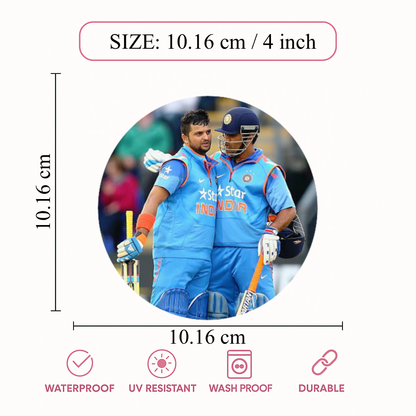 Smeeps Suresh Raina & MS Dhoni Sticker – 10.16 cm (4 Inch) Indian Cricket Legends Fan Vinyl Decal | Waterproof UV Resistant Round Car & Bike Sticker