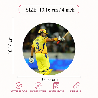 Smeeps Suresh Raina Sticker – 10.16 cm (4 Inch) Indian Cricket Legend Fan Vinyl Decal | Waterproof UV Resistant Round Car & Bike Sticker