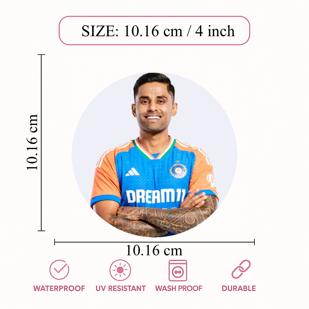Smeeps Suryakumar Yadav Sticker – 10.16 cm (4 Inch) Indian Cricket Star Fan Vinyl Decal | Waterproof UV Resistant Round Car & Bike Sticker