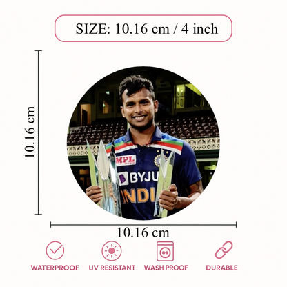 Smeeps T. Natarajan Sticker – 10.16 cm (4 Inch) Indian Cricket Fast Bowler Fan Vinyl Decal | Waterproof UV Resistant Round Car & Bike Sticker