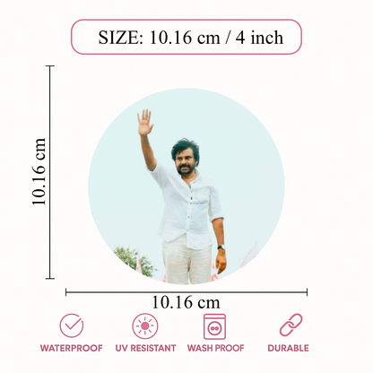 Smeeps Pawan Kalyan Waving Pose Sticker – 10.16 cm (4 Inch) Round Political Vinyl Decal | Waterproof UV Resistant Car & Bike Sticker