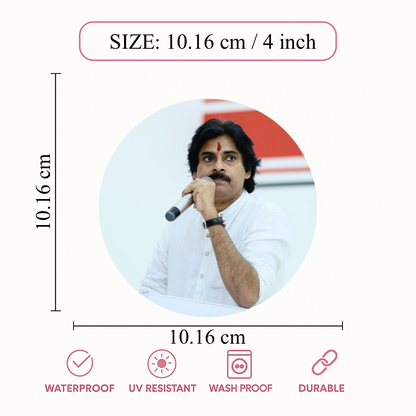 Smeeps Pawan Kalyan Speech Pose Sticker – 10.16 cm (4 Inch) Round Political Vinyl Decal | Waterproof UV Resistant Car & Bike Sticker
