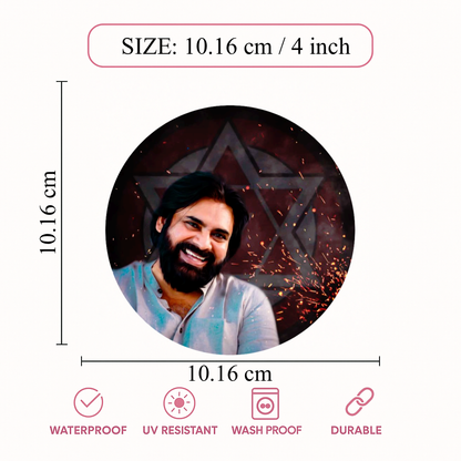 Smeeps Pawan Kalyan Smile Pose Janasena Sticker – 10.16 cm (4 Inch) Round Political Vinyl Decal | Waterproof UV Resistant Car & Bike Sticker