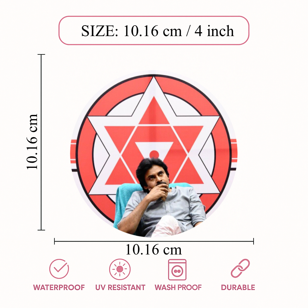 Smeeps Pawan Kalyan Janasena Thoughtful Pose Sticker – 10.16 cm (4 Inch) Round Political Vinyl Decal | Waterproof UV Resistant Car & Bike Sticker