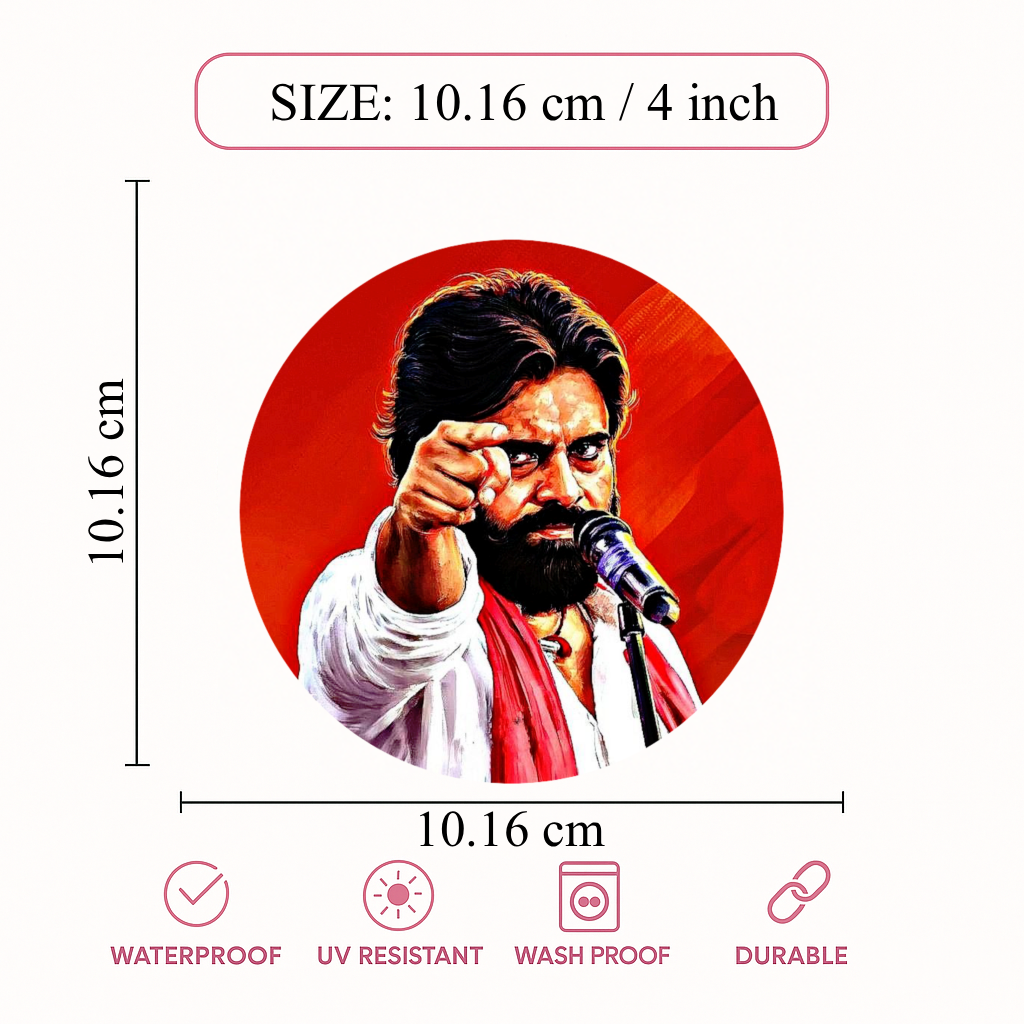 Smeeps Pawan Kalyan Powerful Pointing Pose Sticker – 10.16 cm (4 Inch) Round Political Vinyl Decal | Waterproof UV Resistant Car & Bike Sticker