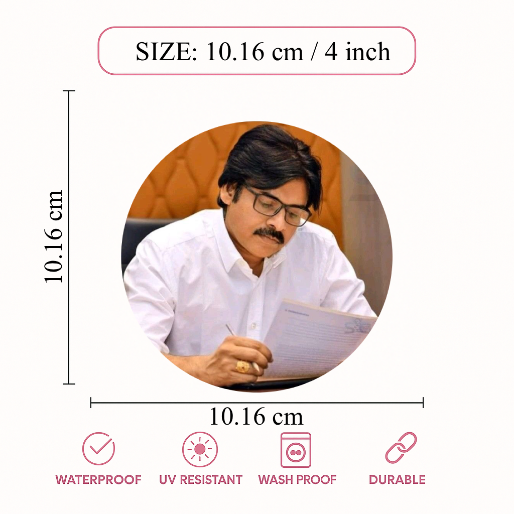 Smeeps Pawan Kalyan Reading Document Pose Sticker – 10.16 cm (4 Inch) Round Political Vinyl Decal | Waterproof UV Resistant Car & Bike Sticker