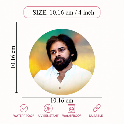 Smeeps Pawan Kalyan Calm Portrait Sticker – 10.16 cm (4 Inch) Round Political Vinyl Decal | Waterproof UV Resistant Car & Bike Sticker