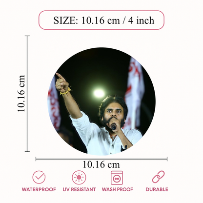 Smeeps Pawan Kalyan Rally Pointing Pose Sticker – 10.16 cm (4 Inch) Round Political Vinyl Decal | Waterproof UV Resistant Car & Bike Sticker